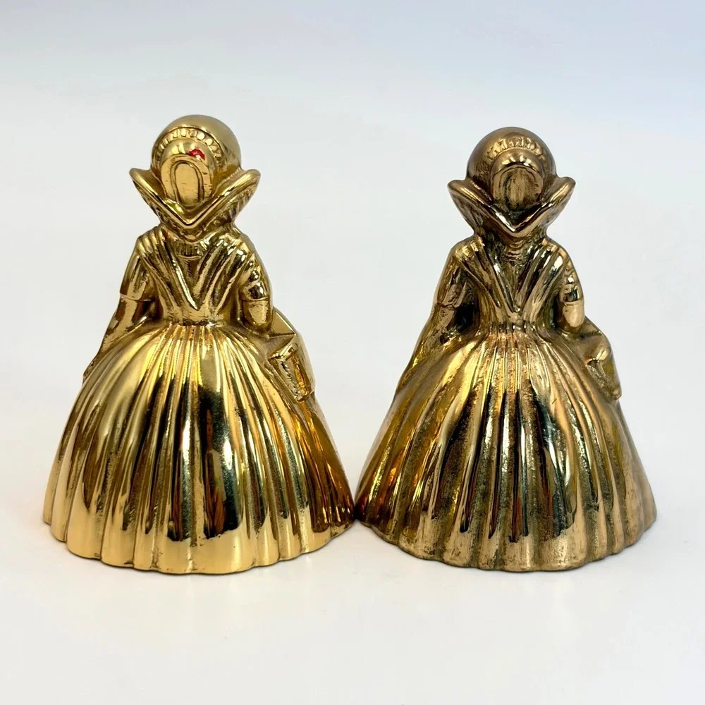 2 Vintage Brass Dutch Girl Dinner Table Hand Bell Figural Mantle Decor Regency